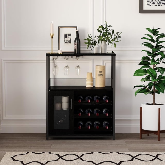 Coffee Wine Bar Rack Cabinet with Detachable Wine Rack, Liquor Cabinet with Glass Holder and Mesh Door, Farmhouse Sideboard Buffet Cabinet for Kitchen Dining Room, Living Room (Black)