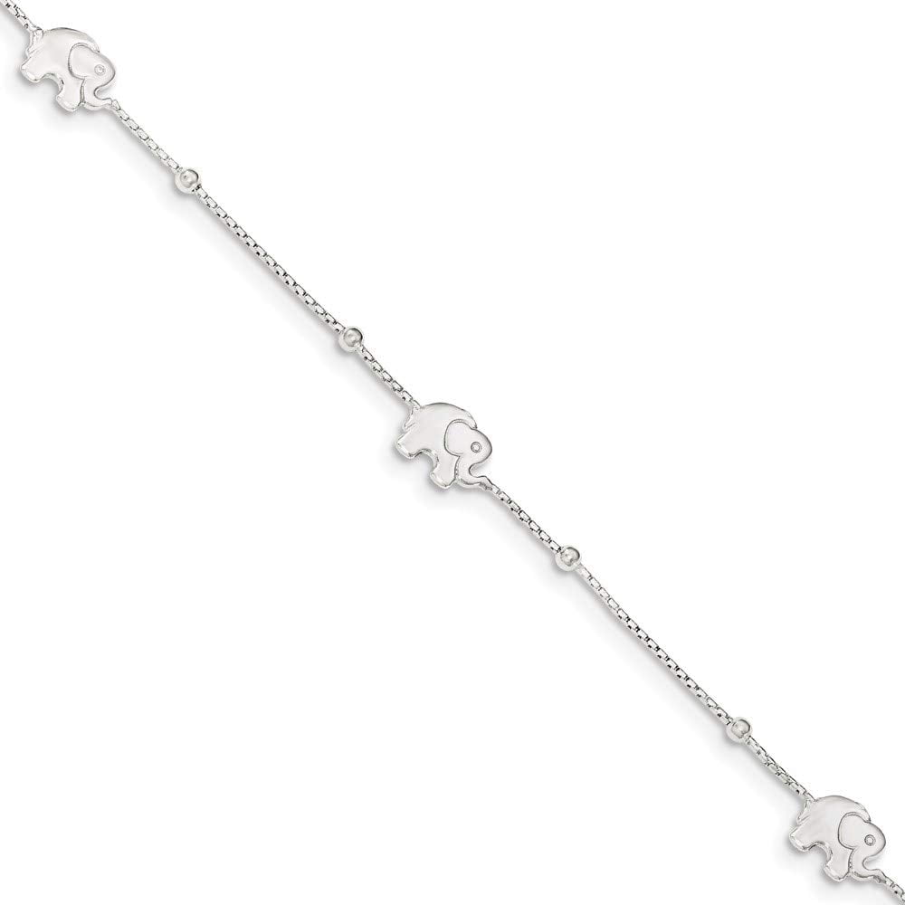 925 Sterling Silver 8mm Polished Elephant Chain Anklet with 2in Extender Length