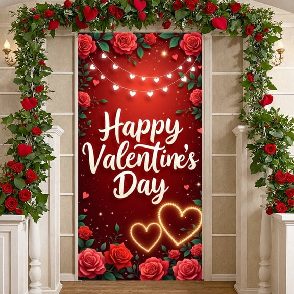 Red Rose Happy Valentine's Day Banner Heart-shaped Lights Romantic Backdrop Sparkle Effect Love-themed Pattern Love Celebration Background for Valentine's Day Party Romantic Date Night Indoor Home