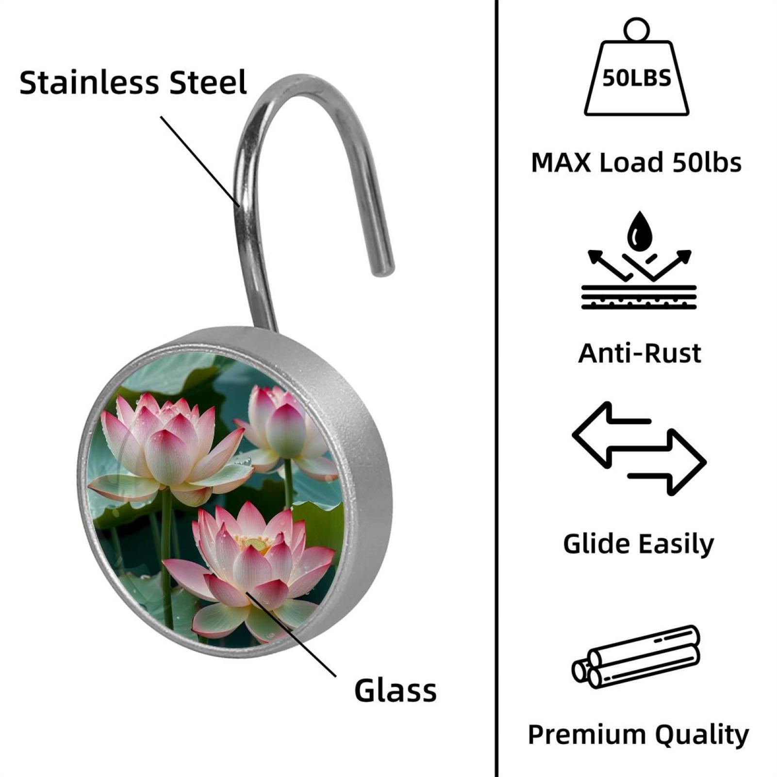 Imobaby 12 Pcs Metal Shower Curtain Hooks Rust Proof for Shower Curtain Liner - Dewdrop Lotus