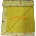 thumbnail image 4 of Handmade Cotton Kantha Quilt, Ikat Flower Print with Colorfull Accents, Traditional Indian Kantha Gudri (Twin Size - 60" x 90"), 4 of 5