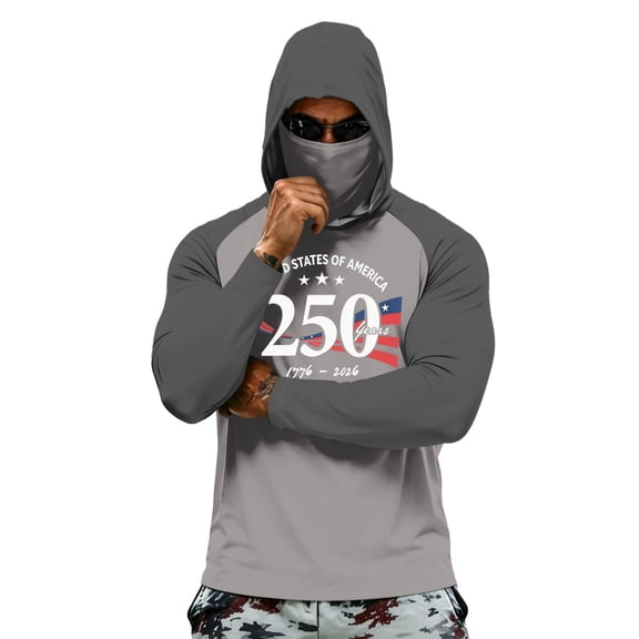 Homeyce Men's 250 Anniversary USA Shirt Spf UV Upf 50 Rash Guard Shirt Long Sleeve Performance Fishing Hiking Shirt Hoodies with Mask,Gray S