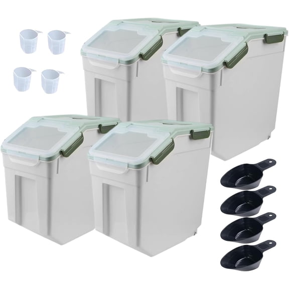 Large Flour Storage Container Bin 25lb, 4Pack Airtight Rice Storage Containers with Wheels Seal Locking Lid, BPA Free with Measuring Cup&Scoop for Flour, Rice, Grain(Green)