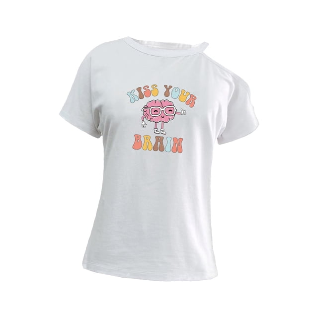Camisetas con hombros descubiertos para mujer, camiseta básica, camisetas de verano de manga corta para niñas, para viajes, desplazamientos, deportes Blanco
