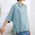 thumbnail image 4 of Antinious Sweatshirt for Women,Tops for Women Trendy,Ladies Solid T-shirt Loose Side Slit Short Sleeve Crewneck Blouses,Light Blue,L, 4 of 5