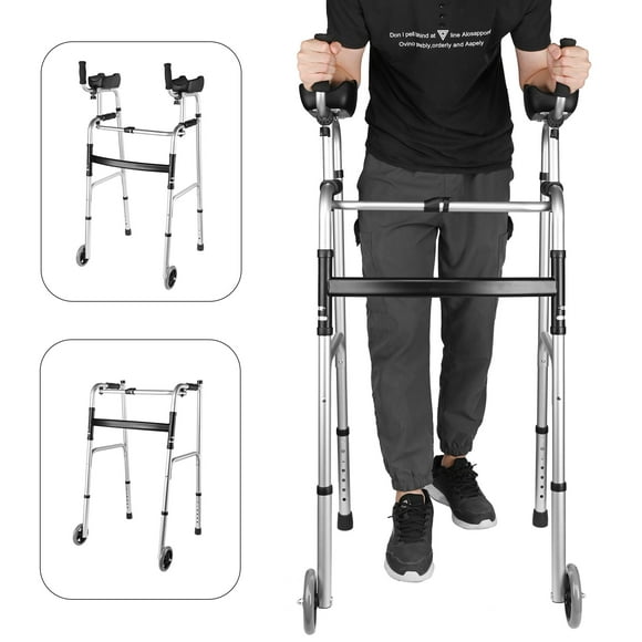 Folding Walkers for Seniors with Wheels, Height Adjustable Rolling Standard Walker Medical Walking Mobility Aid with Armrest