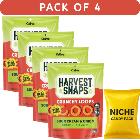 Harvest Snaps Crunchy Loops Sour Cream & Onion Baked Red Lentil Snacks, 2.5oz – 4 Pack   Free Candy Included