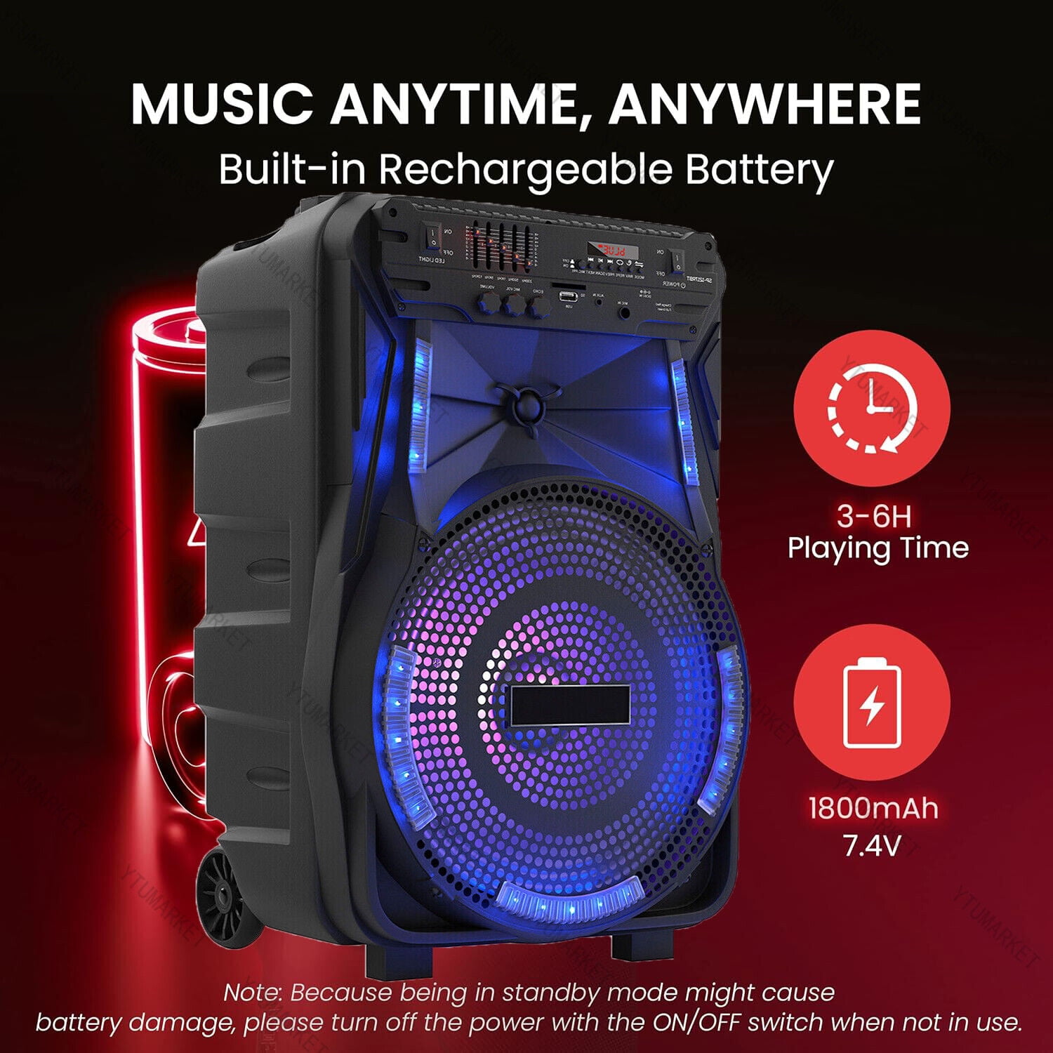 12'' Woofer Heavy Bass Bluetooth Speaker Portable Party PA Sound System Mic LED FM AUX Handle Wheels