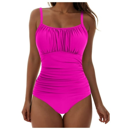 GEWSEY Women Swimsuit One Piece Bathing Suit Square Neck Cutout Back Tummy Control with Adjustable Spaghetti Straps Hot Pink  L