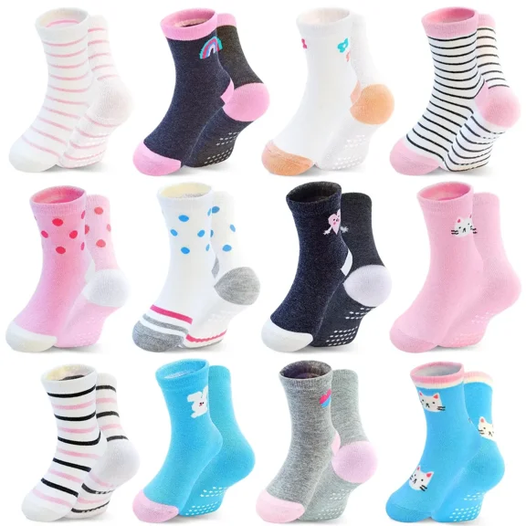 Anti Slip Toddler Socks Girls Cartoon Crew Non-Slip Socks With Grips For 6-12 Month Infant Baby 1-7 Years Kids