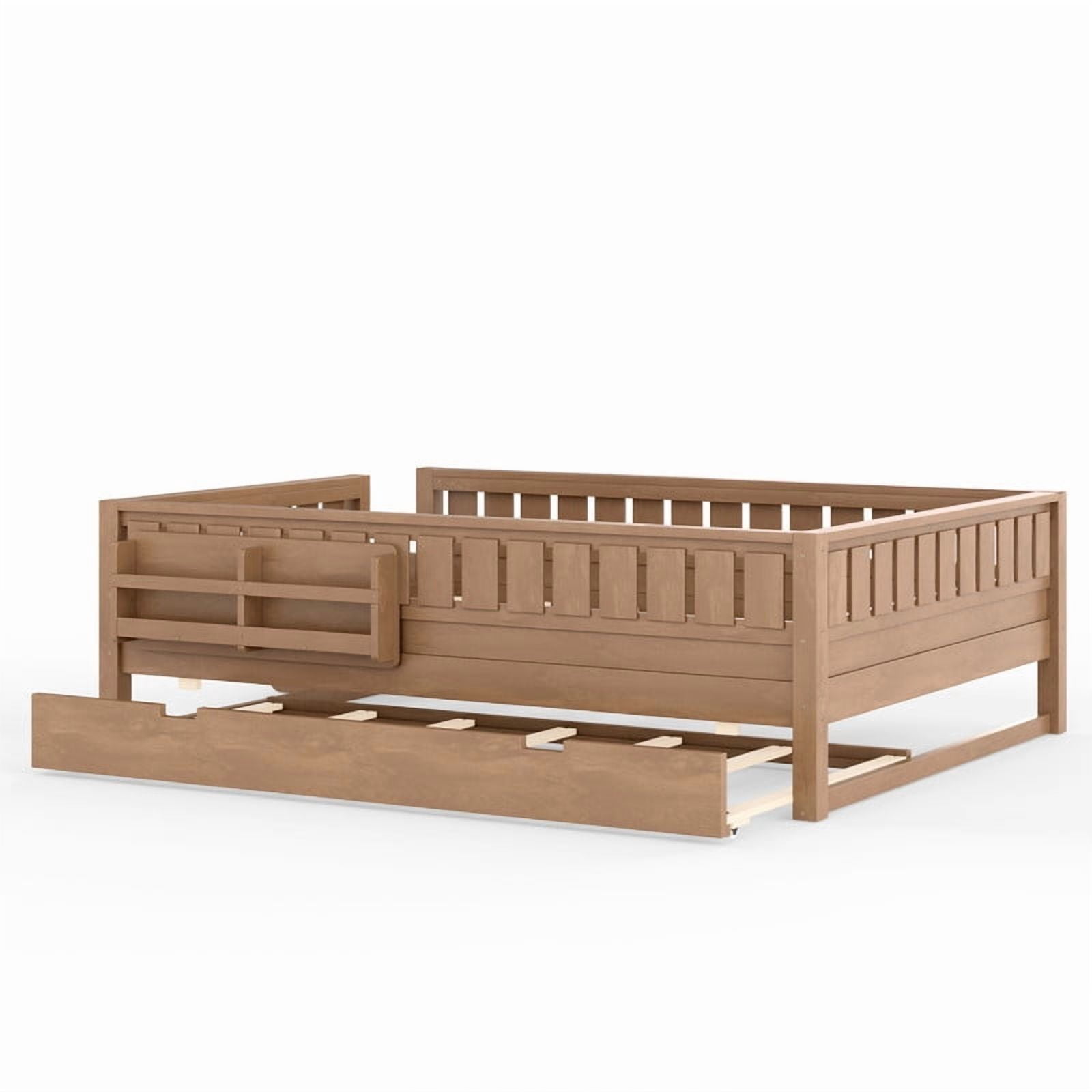 Queen Size Low-Profile Kid's Platform Bed with Built-in Bookshelves & Small Staircase, Wooden Bed Frame with Safety Rails & Trundle