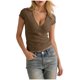 thumbnail image 4 of Tops de Manga Corta de las Mujeres de Color Sólido Cuello Redondo Set de Manga Corta Blusas de Cuello en V, 4 of 6