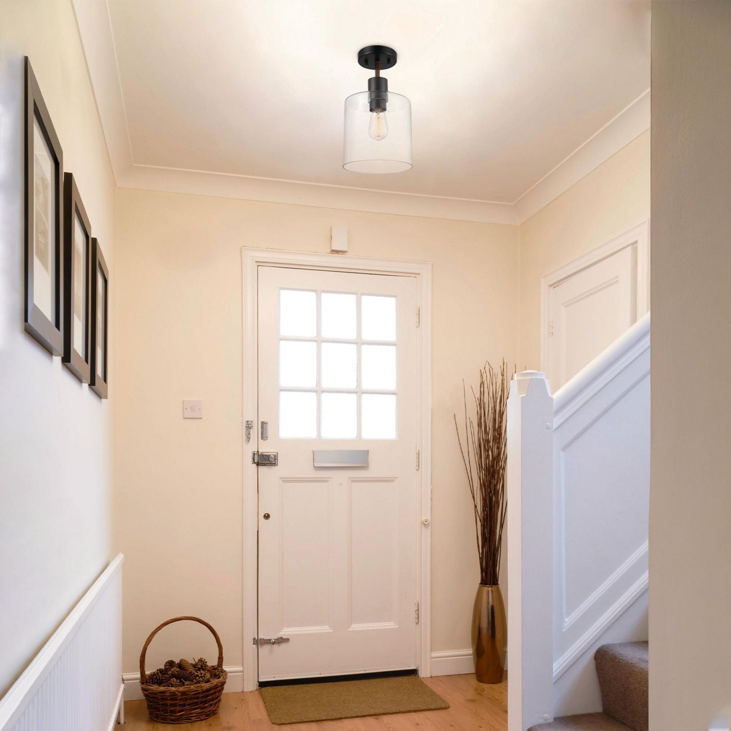 Globe Electric Sedona 1-Light Metal Flush Mount Ceiling Light, Matte Black, Faux Wood Accent, Clear Glass Shade, 60982