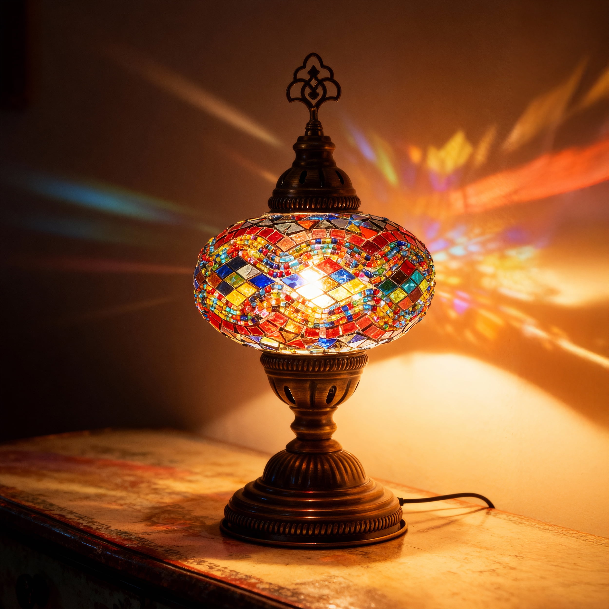 Mozaist Turkish Mosaic Table Lamp, Multi Color Hand Made Table Lamp with Led Light Bulb