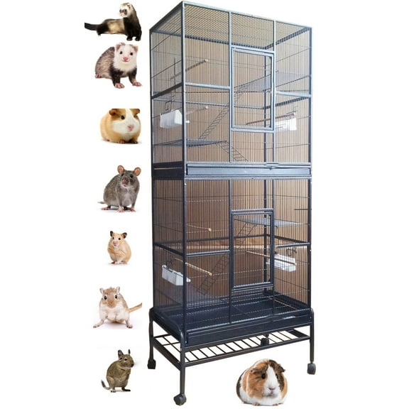 74" LARGE Double Separate Stacker Multi-Level Chew-Proof Metal Platform Ladder Small Animal Critters Cage Easy Clean Pull Out Grate & Tray With Detachable Rolling Stand