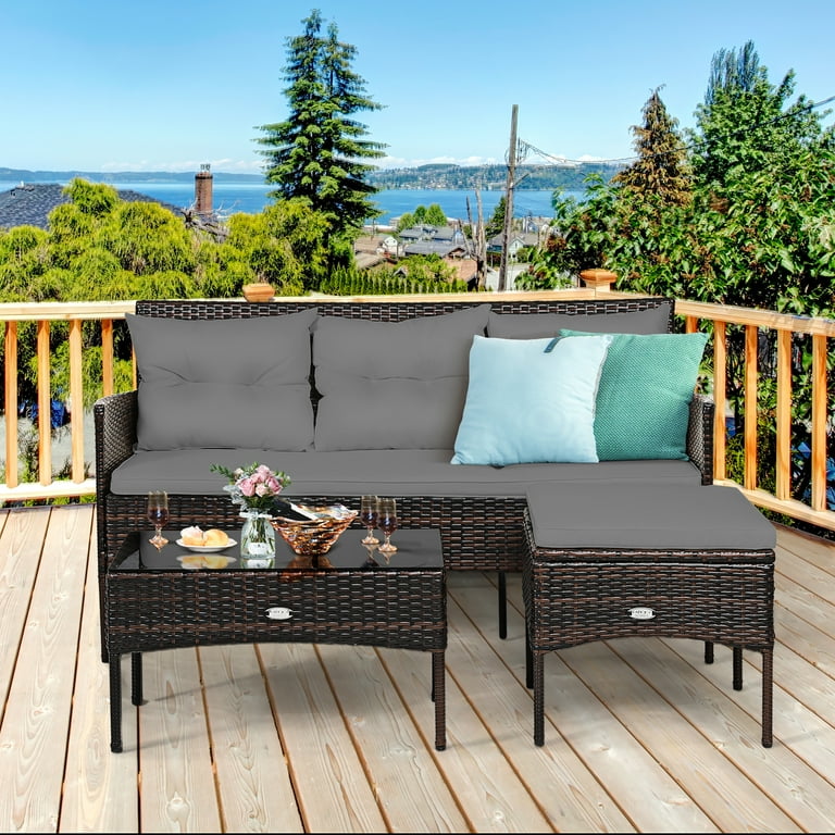3 pcs patio rattan furniture sale set sofa cushioned table garden