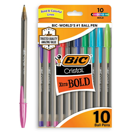 BIC Cristal Ballpoint Stick Pens, Bold Point, Assorted Ink, 10 Pack Ballpoint Pens