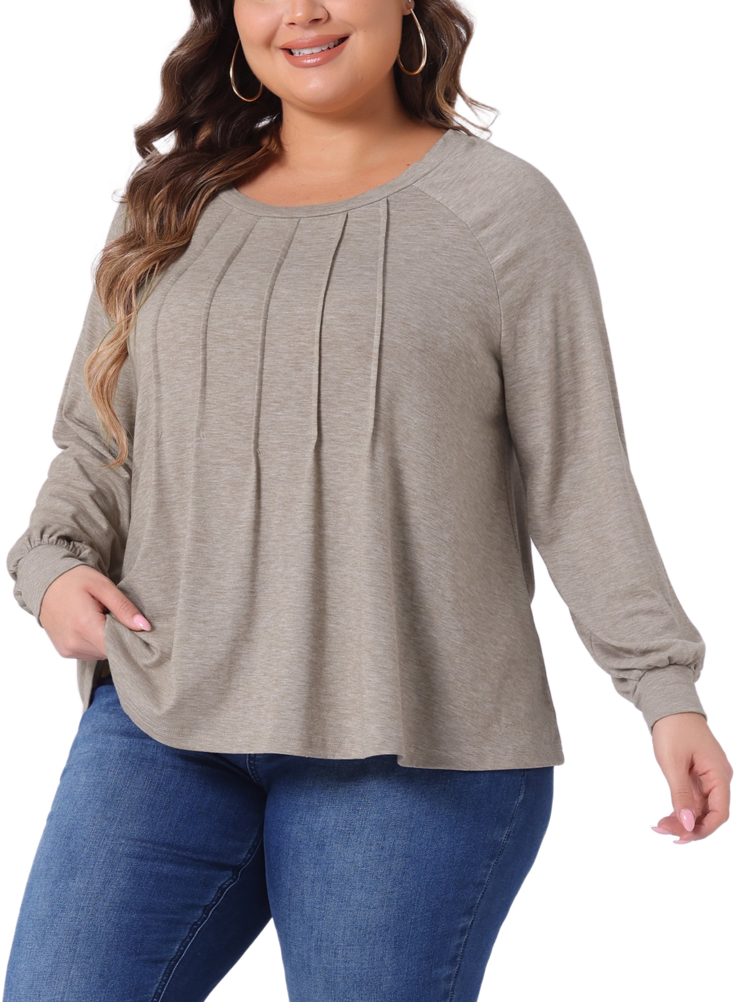 DARING DIVA Women's Plus Tunic Crew Neck Pleated Casual Blouse 1X Light Khaki