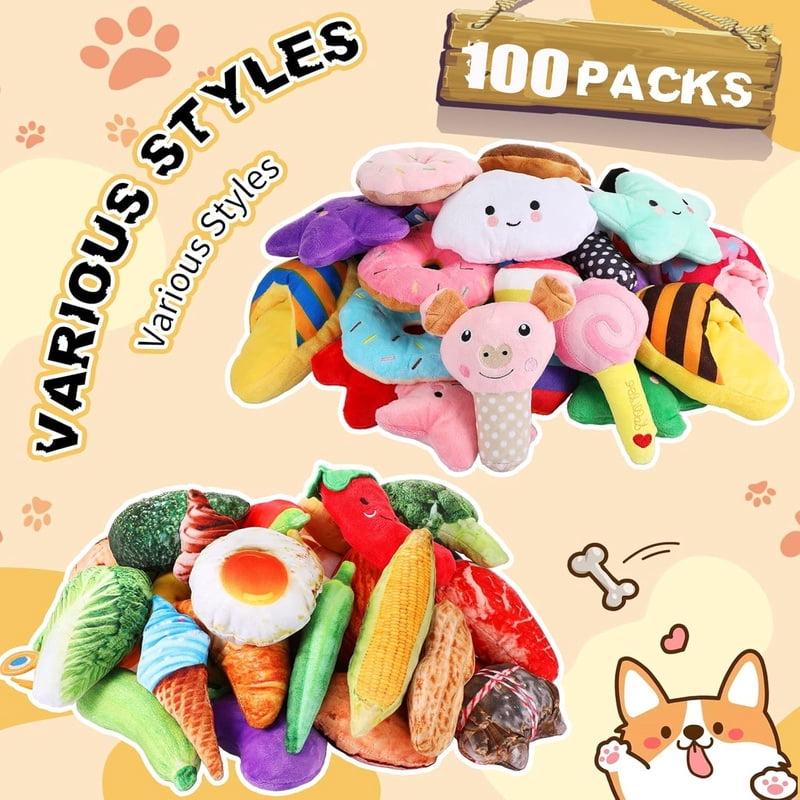 100Pcs Squeaky Toys Bulk for Small Puppy Dog Stuffed Plush Chew Toys Small Medium Dogs PET Toys with Squeakers for Puppies