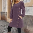 thumbnail image 2 of FRSASU Women's Puff Long Sleeve Buttons Side Dress Crewneck Loose Fit Casual Tunic Mini Dresses with Pockets Purple, 2 of 7