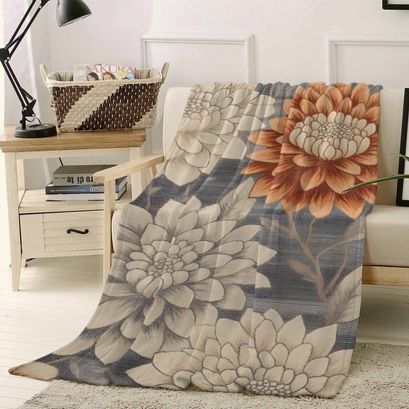 Throw Blanket Fleece Throw Blanket 30x40in, Watercolor Orange Gray Flower Soft Lightweight Bed Blankets Summer Vintage Floral Fuzzy Couch Blankets for All Season