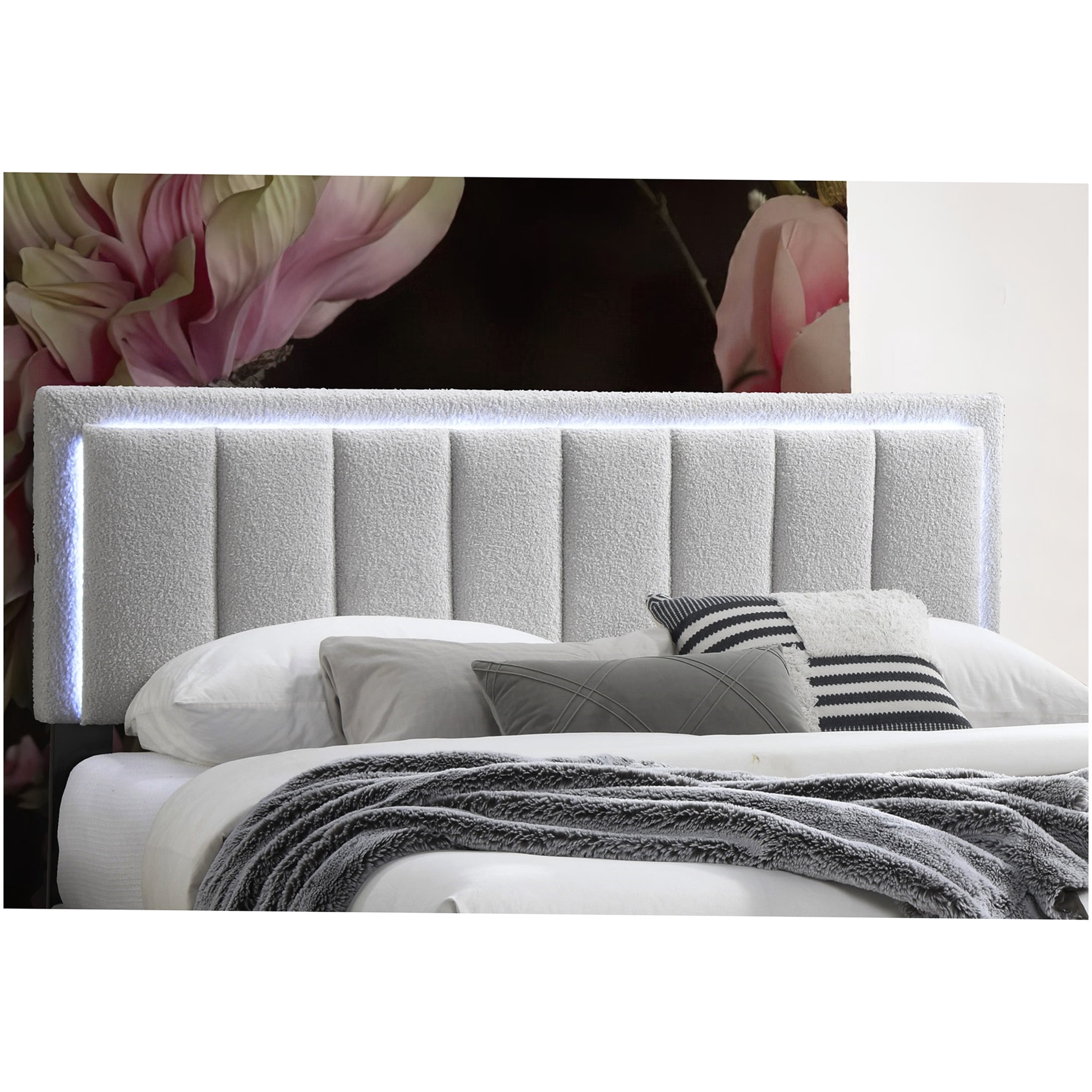 Modern Light Gray Upholstered Queen Bed with LED Lights, Channel Tufted Headboard Platform Bed Frame, No Box Spring Required