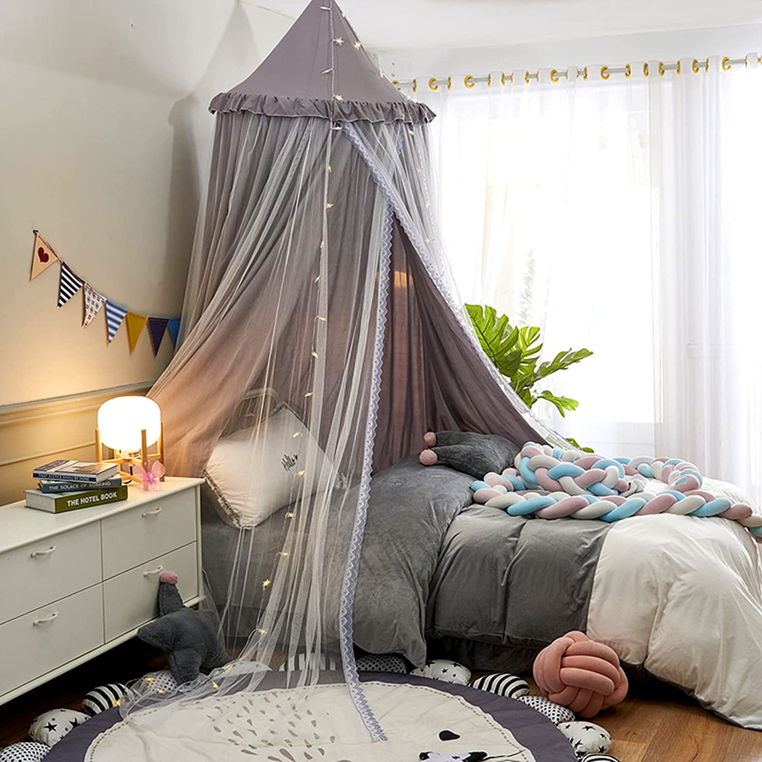Bed Canopy Double Layer Princess Round Dome Dreamy Mosquito Net Bedding Girls Room Castle Play Tent Hanging House Decor Reading Nook Canopies(Gray/White)