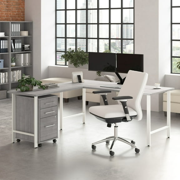 Hustle 72W x 30D L Shaped Desk with Drawers in Platinum Gray - Engineered Wood