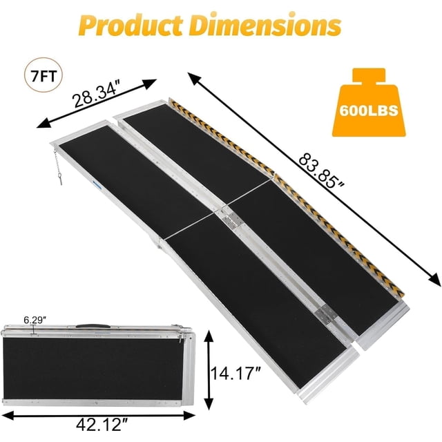 EDTara Lightweight 5 Feet Wheelchair Ramp, 600 Lbs Capacity, Non-Skid Aluminum Ramp With Transition Plate and Reflective Strips for Easy Access