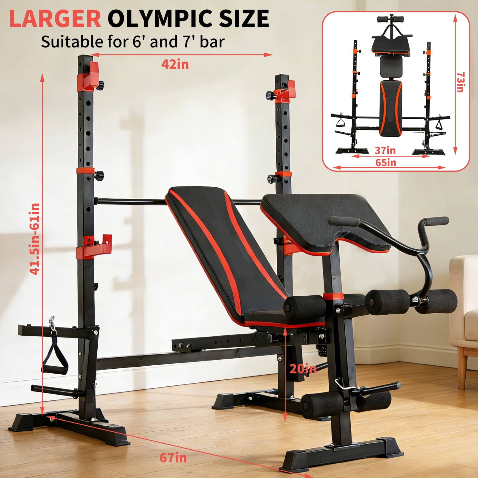 6 in 1 Olympic Weight Bench Set , Adjustable Bench Press with Squat Stand and Leg Developer for Home Gym Full Body Workout