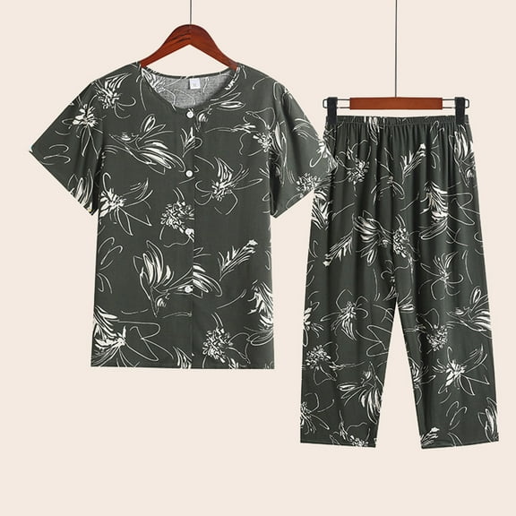 Brilliant Plus Size Sleepwear Summer Two Piece Set Short Sleeve Round Neck Pajama Set Printed Tops Pants Set