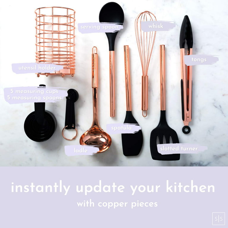 Styled Settings White and Copper Kitchen Utensils - 18 PC Copper Cooking Utensils Set Includes Copper Utensil Holder, Measuring Cups and Spoons, Rose