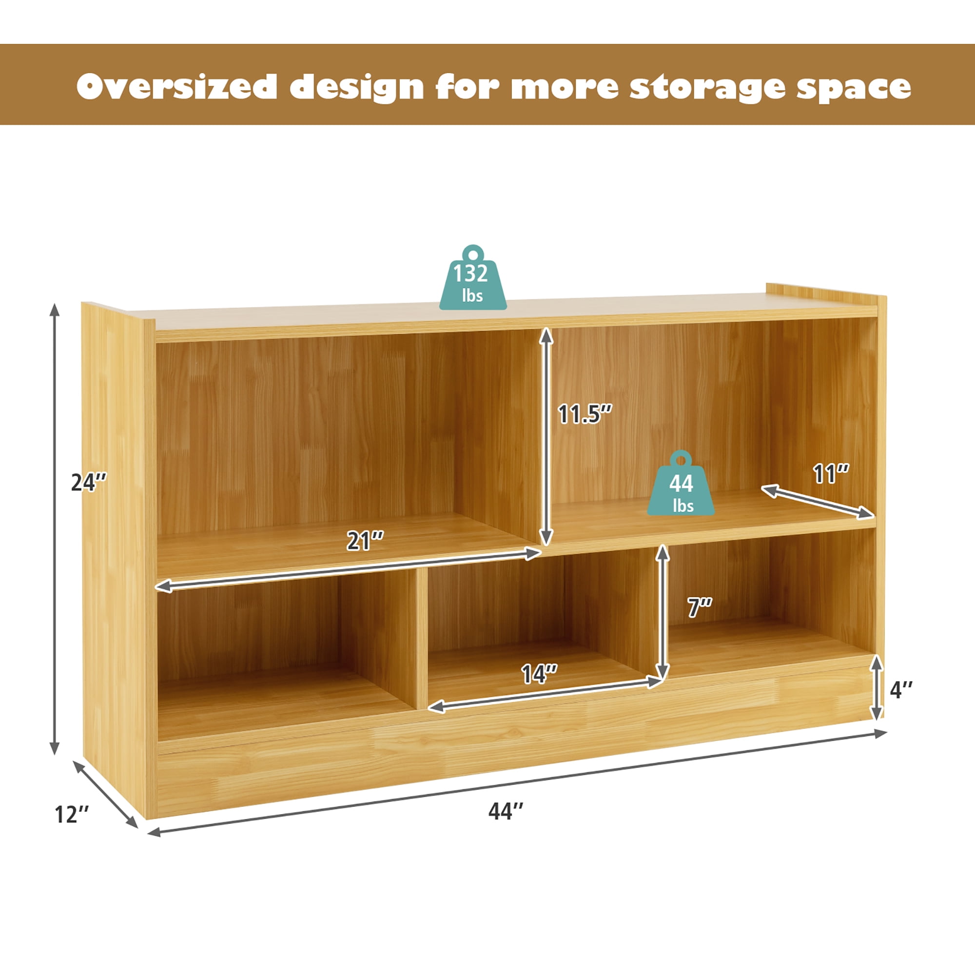 Costway Kids 2-Shelf Bookcase 5-Cube Wood Toy Storage Cabinet w/ Shelves Beige