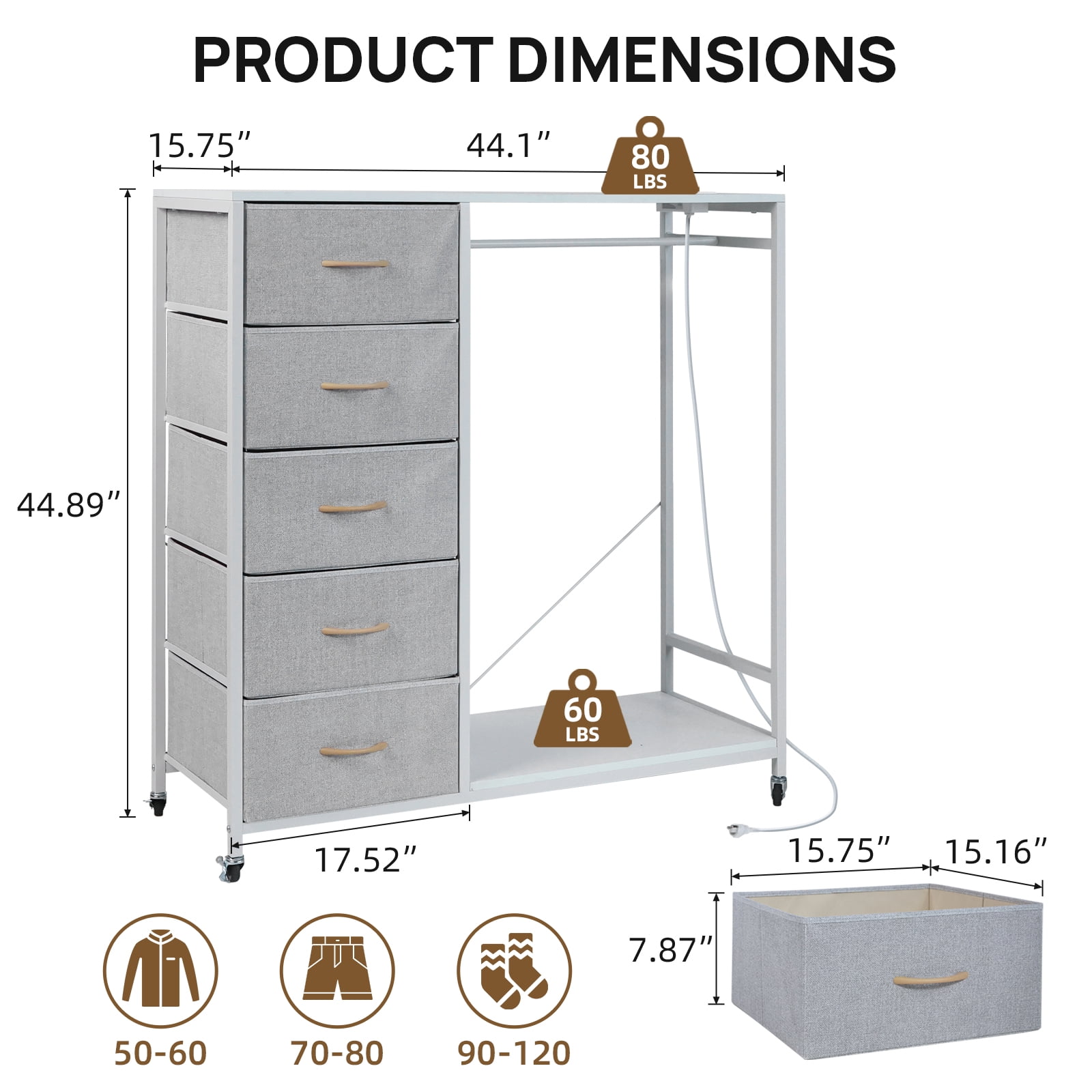 Walsport Dresser for Bedroom with Clothes Rack, 5 Drawers Dresser with Charging Station & LED Lights,Storage Chest of Drawers with Wheels, Wooden Top, Lockable Wheels, Bedroom, Closet(White)