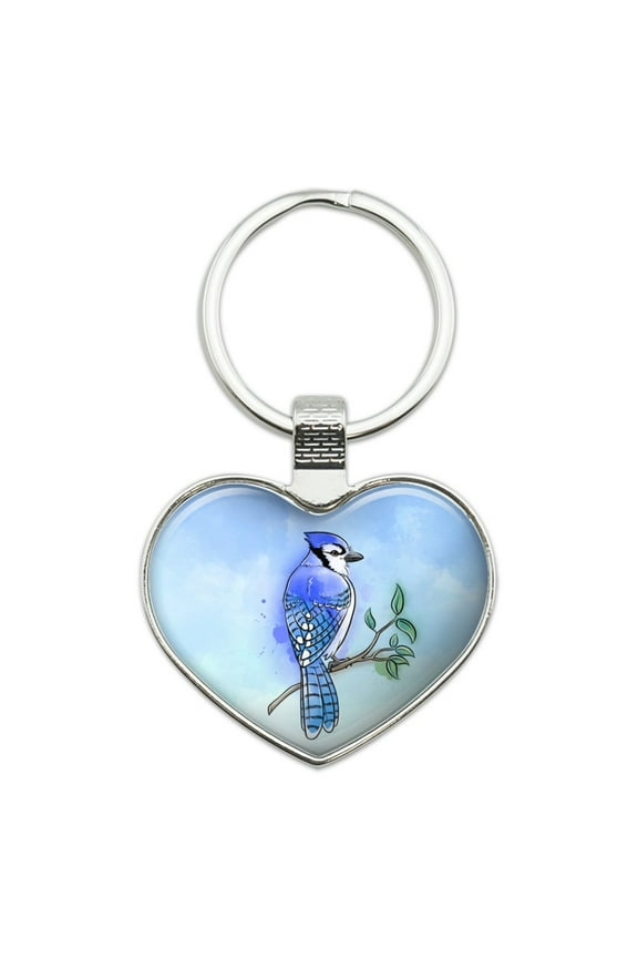 Blue Jay Watercolor Northeastern Bird Keychain Heart Love Metal Key Chain Ring