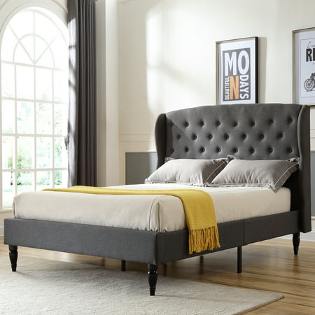 Modern Sleep Coventry Upholstered Platform Bed | Headboard and Metal Frame with Wood Slat Support | Grey, Multiple