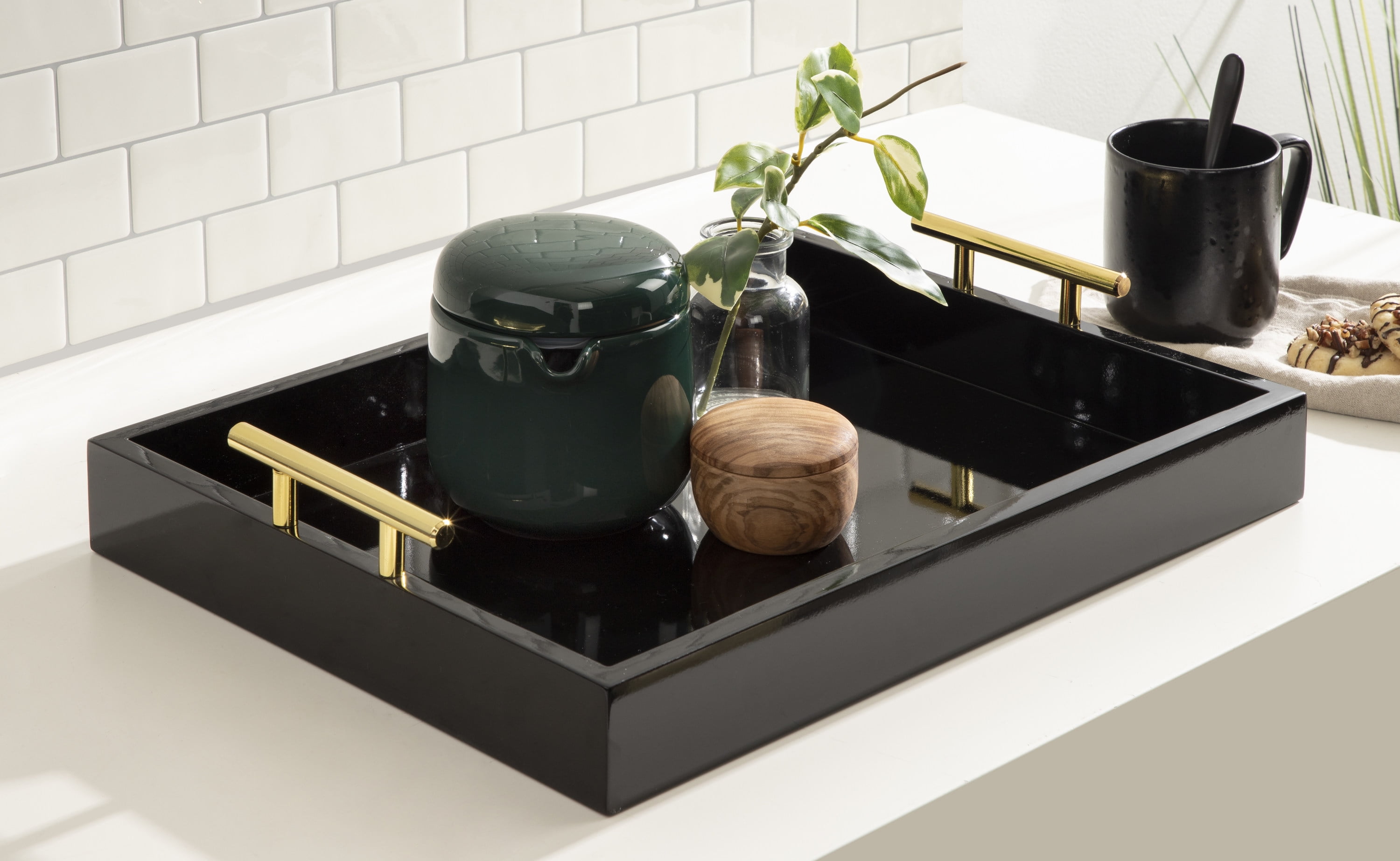 Kate and Laurel Lipton Decorative Modern Rectangular Tray, 16.5 x 12.25, Black and Gold, Chic Serving Tray for Storage, Organization, and Display