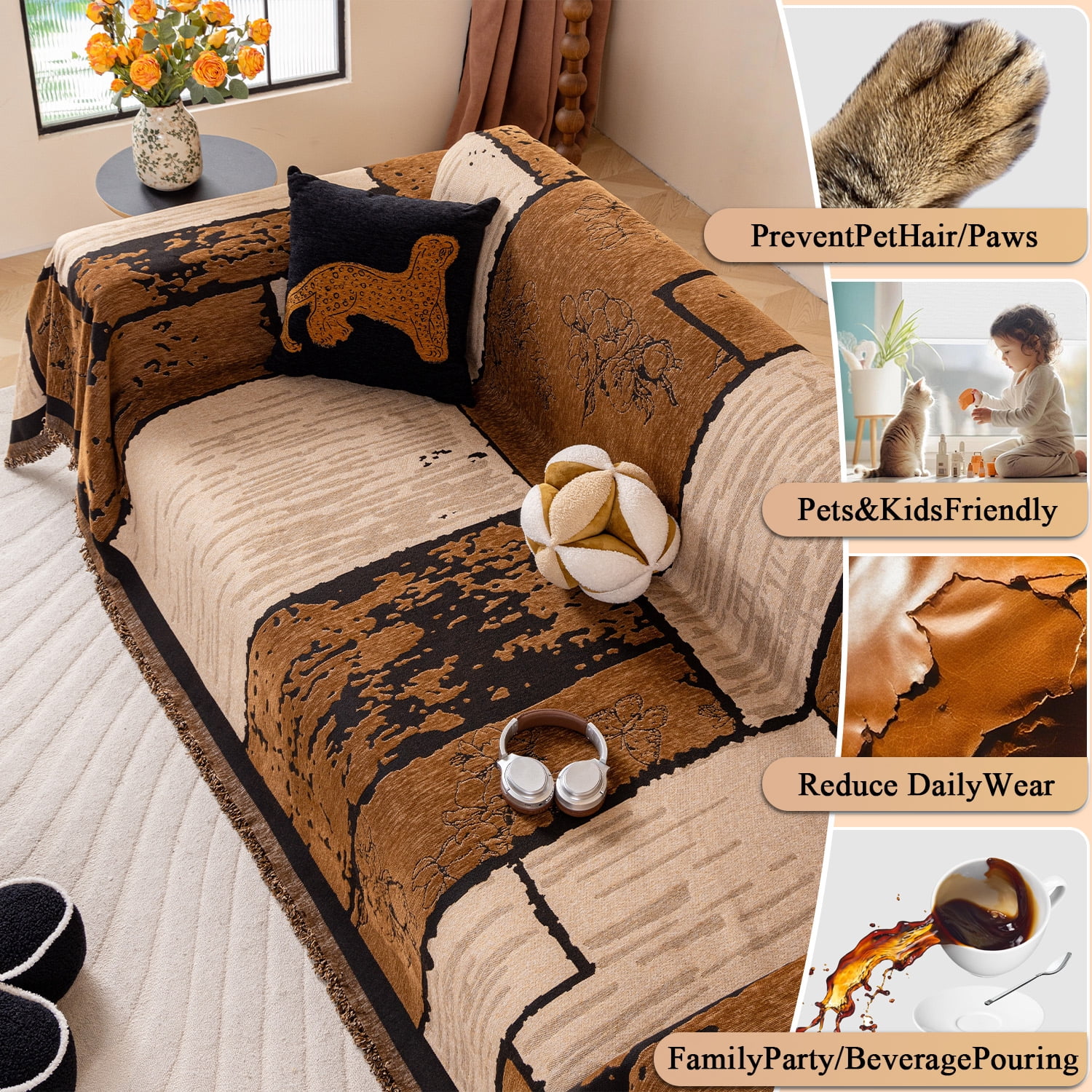 NAYOROOM Vintage Brown Sofa Cover, Couch Covers for 3 Cushion Couch Sofa, Sectional Couch Covers for Living Room Sofa Throws Sofa Slipcovers (71"x 118",Large )