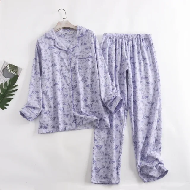 Pyjama en Flanelle de Coton pour la Maison Imprimé Simple Ample Automne et Hiver Manches Longues Ensemble de Pyjamas pour Femmes tzw