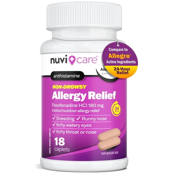 NUVICARE Fexofenadine 180mg 24 Hour - Fexofenadine Hydrochloride 180 mg Antihistamine for Allergy Relief, Hives, Runny Nose, Itching, 24 Hour Non Drowsy Allergy Medicine (18 Count)