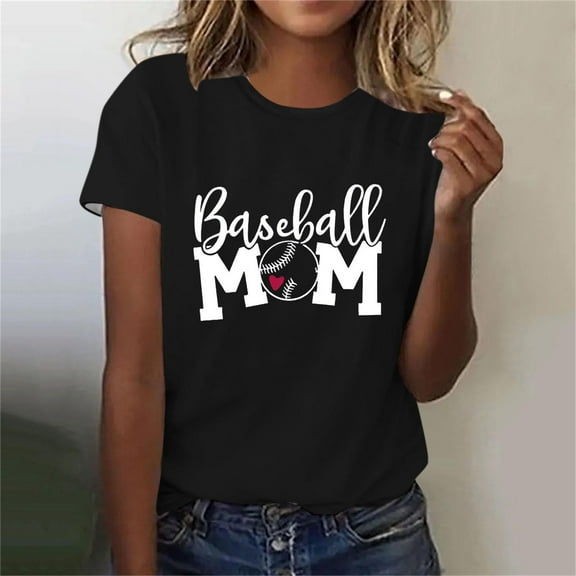 Lilgiuy Baseball Mom Shirt for Women Vintage Baseball Graphic Letter Print Mom Shirt Tee Baseball Mama Short Sleeve T-Shirts for Holiday Vacation Travel(Black,M)