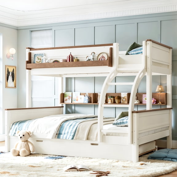 Newest Twin Over Full Wood Bunk Bed with Pull-Out Trundle, Storage Shelf & Convertible Frame for Bedroom, Beige/Natural