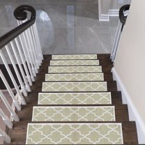 SussexHome Lattice Design 9" X 28" Stair Treads - 70 % Cotton Anti-Slip Carpet Strips for Indoor Stairs-Easy to Install Runner Rugs with Double Adhesive Tape-Safe, Extra-Grip, 13-Pack-Beige
