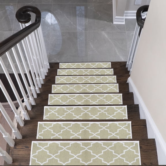 SussexHome Lattice Design 9" X 28" Stair Treads - 70 % Cotton Anti-Slip Carpet Strips for Indoor Stairs-Easy to Install Runner Rugs with Double Adhesive Tape-Safe, Extra-Grip, 4-Pack-Beige