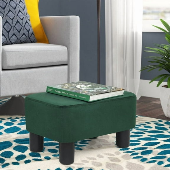 Adeco  Footstool Ottoman Fabric Footrest Modern Rectangular Stool Green