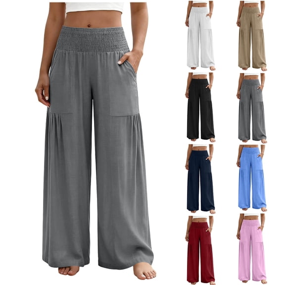Pxxlle Pants for Women High Waisted Smocked Pant Loose Fitted Wide Leg Beach Vacation Trousers with Pockets Pink XL