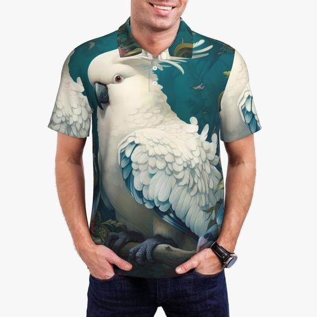 Balery Tropical Parrot Floral Artwork Camisa Polo de Hombre con Estampado, de Manga Corta y Tejido Medio, Camisa Tipo Golf Polo-4X-Large
