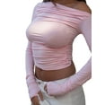 thumbnail image 3 of Fortune Women Basic Slim T-Shirts Solid Long Sleeve Ruched Off Shoulder Crop Top, 3 of 7
