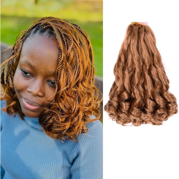 shiyou-Brown French Curl Braiding Hair 12 Inch Loose Wavy Crochet Hair for Braids 5 Packs Pre Stretched Synthetic Extensions Bouncy French Curly Braids Lightweight Hair for Women (30#, 12inch)