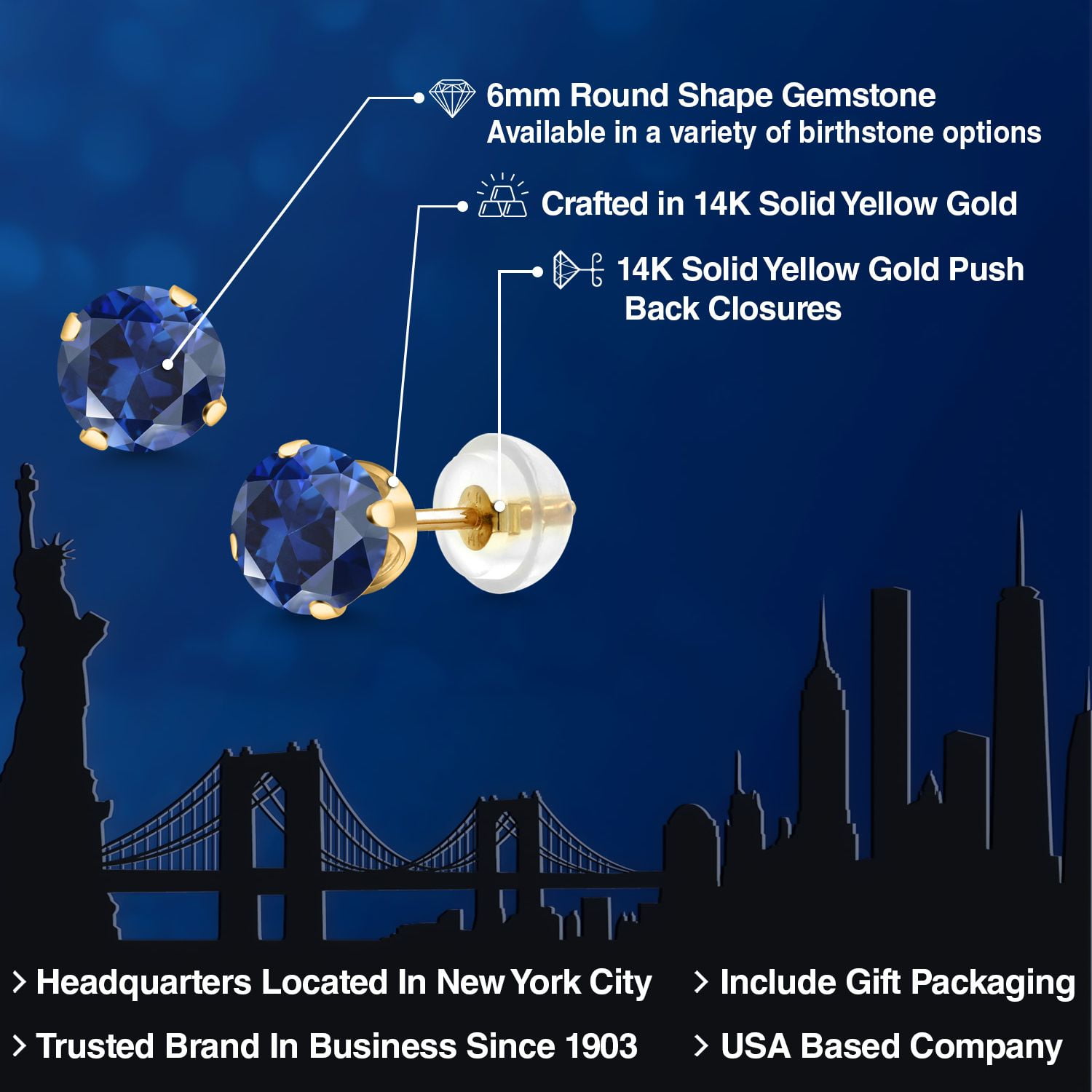 Gem Stone King 14K Yellow Gold Blue Created Sapphire Stud Earrings for Women Men (2.00 Cttw, Round 6MM)